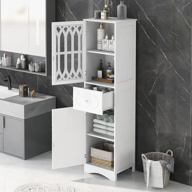 Meuble de salle de bain haut, meuble de rangement autonome avec tiroir et portes, porte en acrylique, étagère réglable