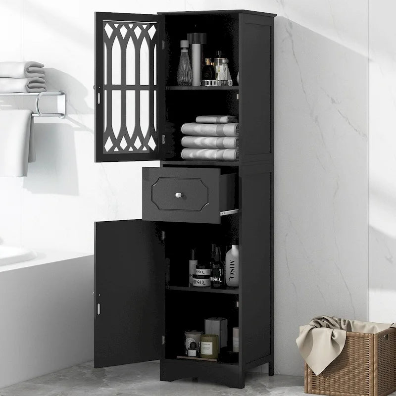 Meuble de salle de bain haut, meuble de rangement autonome avec tiroir et portes, porte en acrylique, étagère réglable