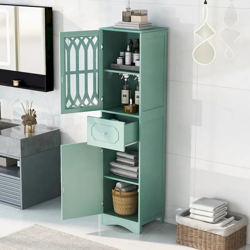 Meuble de salle de bain haut, meuble de rangement autonome avec tiroir et portes, porte en acrylique, étagère réglable
