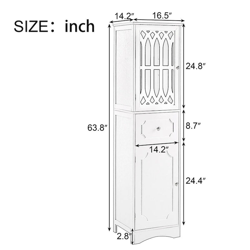 Meuble de salle de bain haut, meuble de rangement autonome avec tiroir et portes, porte en acrylique, étagère réglable