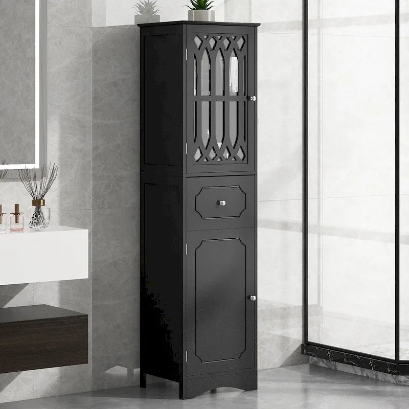 Meuble de salle de bain haut, meuble de rangement autonome avec tiroir et portes, porte en acrylique, étagère réglable