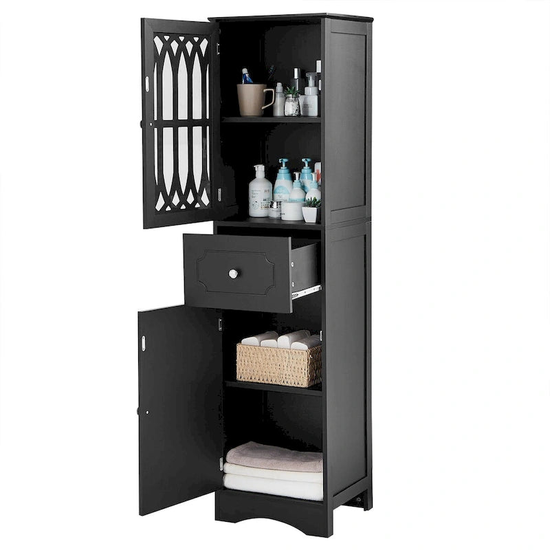Meuble de salle de bain haut, meuble de rangement autonome avec tiroir et portes, porte en acrylique, étagère réglable