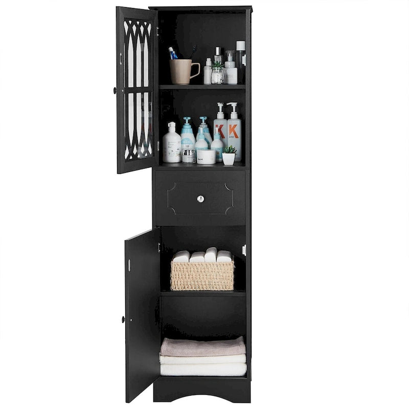 Meuble de salle de bain haut, meuble de rangement autonome avec tiroir et portes, porte en acrylique, étagère réglable