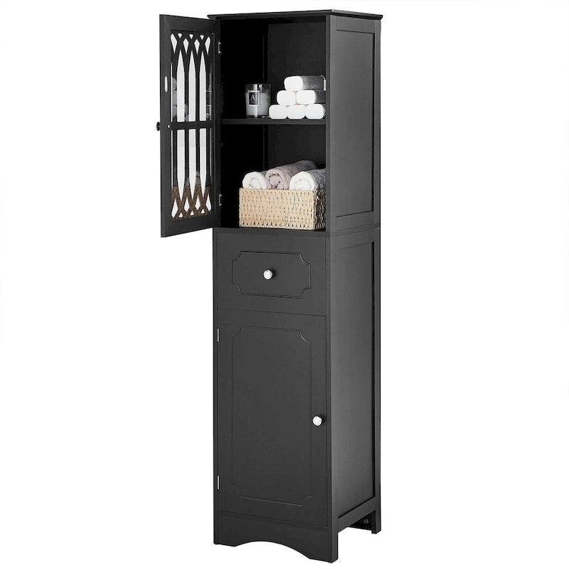 Meuble de salle de bain haut, meuble de rangement autonome avec tiroir et portes, porte en acrylique, étagère réglable