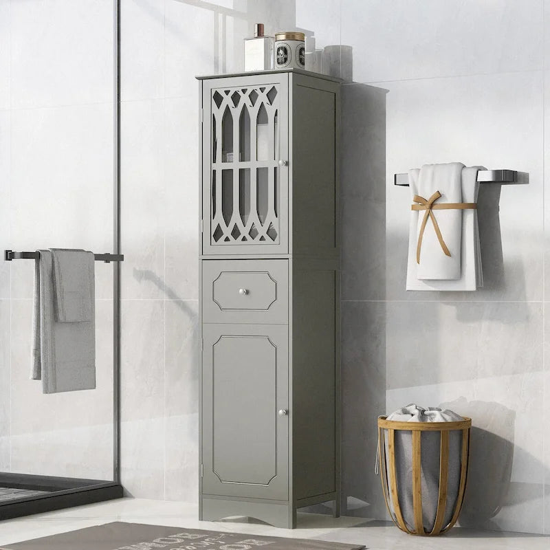 Meuble de salle de bain haut, meuble de rangement autonome avec tiroir et portes, porte en acrylique, étagère réglable