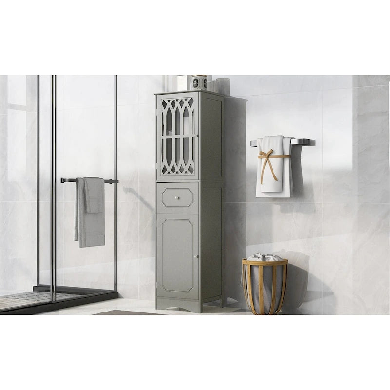 Meuble de salle de bain haut, meuble de rangement autonome avec tiroir et portes, porte en acrylique, étagère réglable
