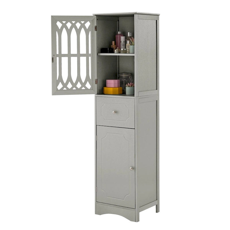 Meuble de salle de bain haut, meuble de rangement autonome avec tiroir et portes, porte en acrylique, étagère réglable