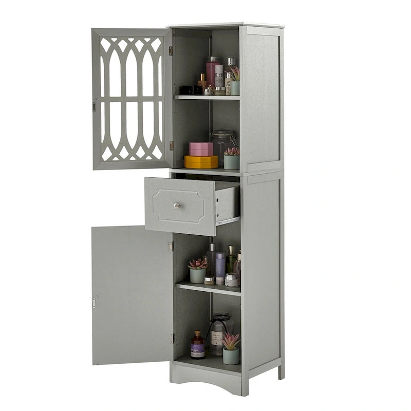 Meuble de salle de bain haut, meuble de rangement autonome avec tiroir et portes, porte en acrylique, étagère réglable