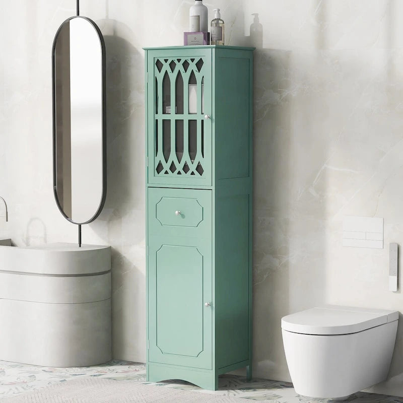 Meuble de salle de bain haut, meuble de rangement autonome avec tiroir et portes, porte en acrylique, étagère réglable