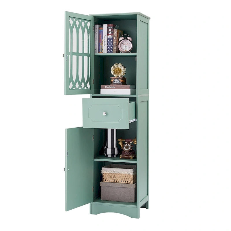Meuble de salle de bain haut, meuble de rangement autonome avec tiroir et portes, porte en acrylique, étagère réglable