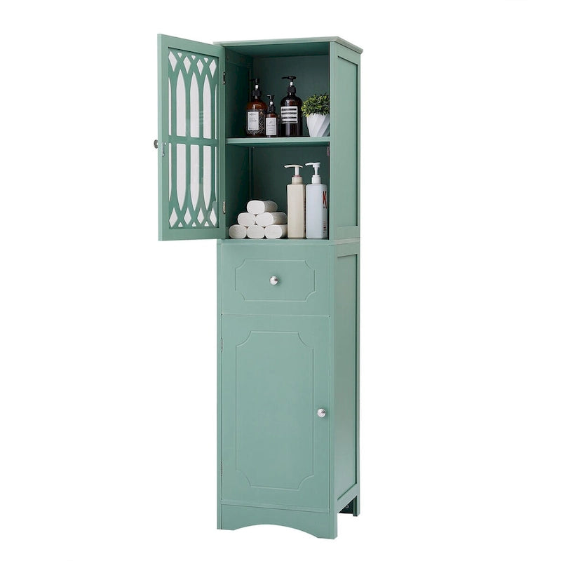 Meuble de salle de bain haut, meuble de rangement autonome avec tiroir et portes, porte en acrylique, étagère réglable