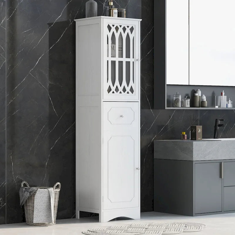 Meuble de salle de bain haut, meuble de rangement autonome avec tiroir et portes, porte en acrylique, étagère réglable