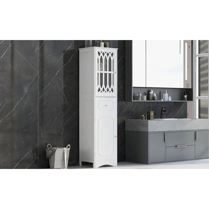 Meuble de salle de bain haut, meuble de rangement autonome avec tiroir et portes, porte en acrylique, étagère réglable