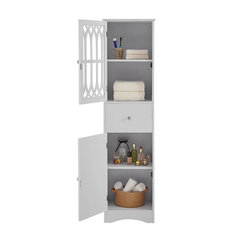 Meuble de salle de bain haut, meuble de rangement autonome avec tiroir et portes, porte en acrylique, étagère réglable