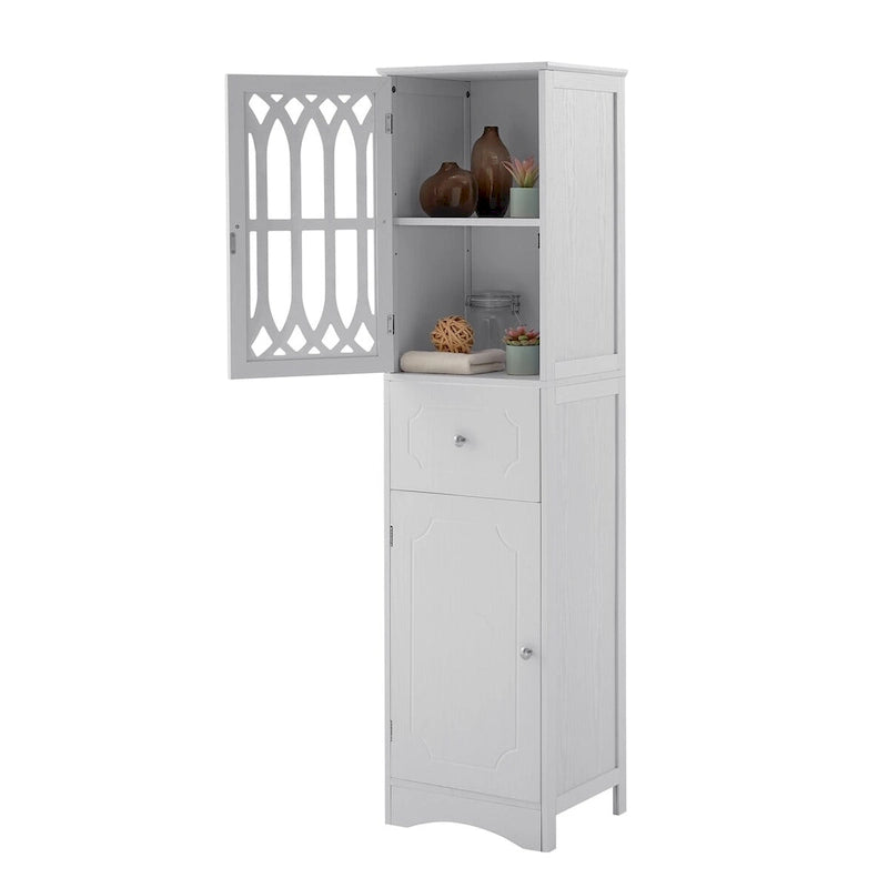 Meuble de salle de bain haut, meuble de rangement autonome avec tiroir et portes, porte en acrylique, étagère réglable