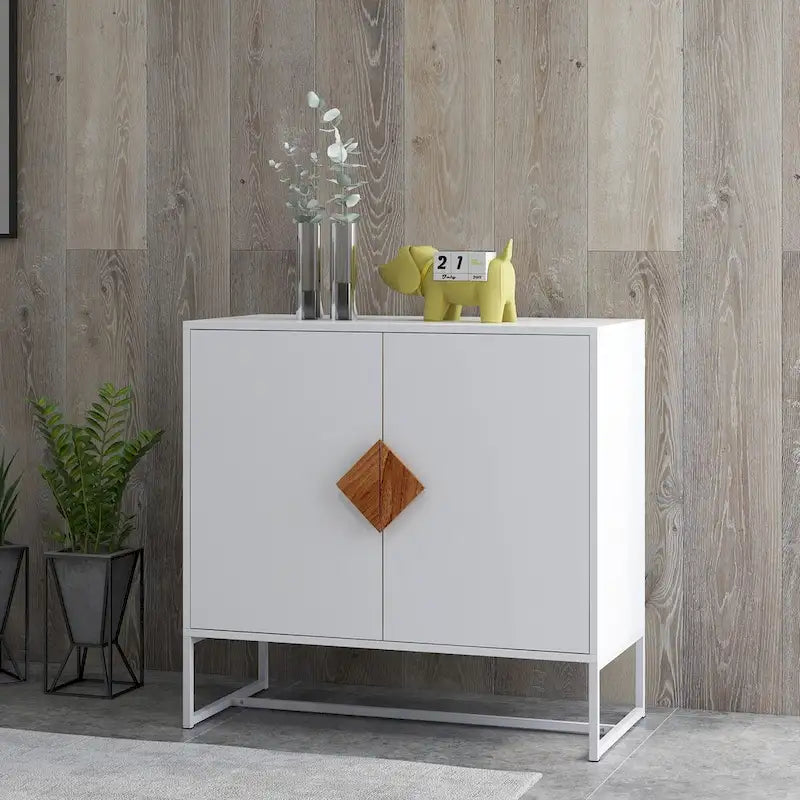 Buffet de rangement accentué blanc Poignée carrée en bois massif 2 portes - 31,77 * 15,75 * 29,53