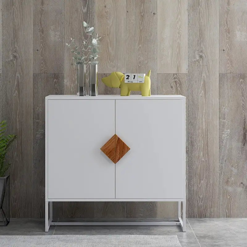 Buffet de rangement accentué blanc Poignée carrée en bois massif 2 portes - 31,77 * 15,75 * 29,53
