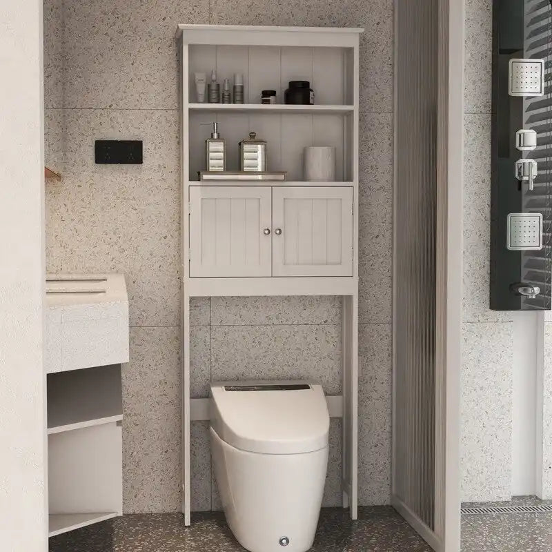 Meuble de rangement au-dessus des toilettes, organisateur de salle de bain avec deux étagères et placard, étagère de rangement pour toilettes en bois autoportante à 2 portes