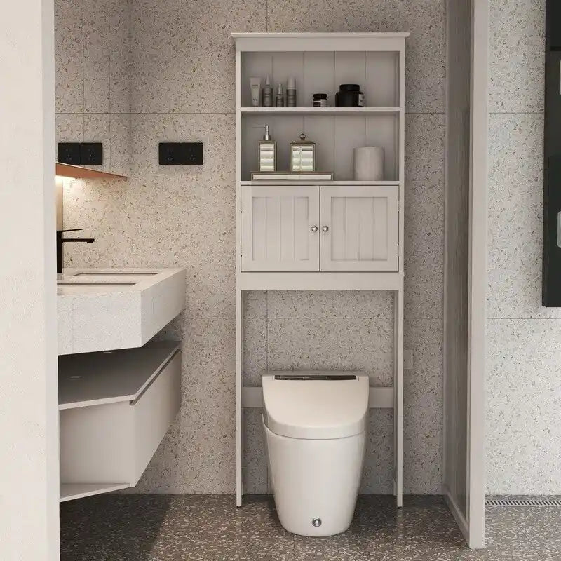 Meuble de rangement au-dessus des toilettes, organisateur de salle de bain avec deux étagères et placard, étagère de rangement pour toilettes en bois autoportante à 2 portes