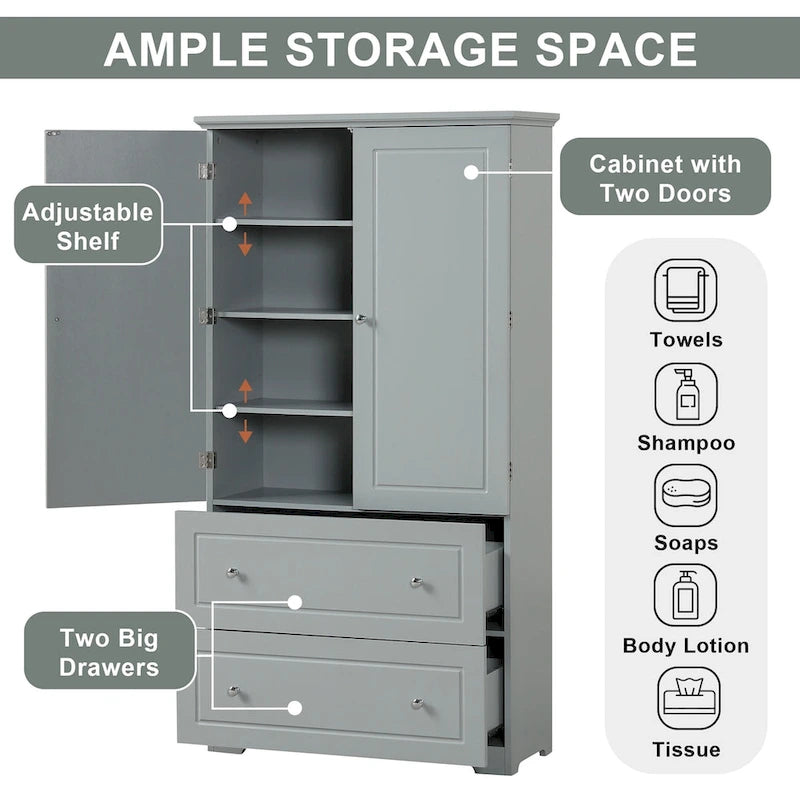 Meuble de Rangement de Salle de Bain Large, Meuble de Rangement sur Pied avec Deux Tiroirs et Étagère Réglable