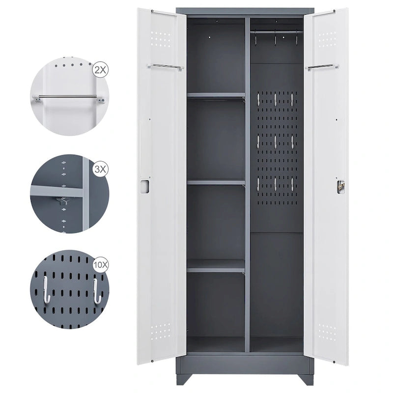 Armoires de rangement métalliques, Armoire à outils de nettoyage avec porte verrouillable, Organiseur et rangement d'outils à balai hauts, Grande armoire de rangement