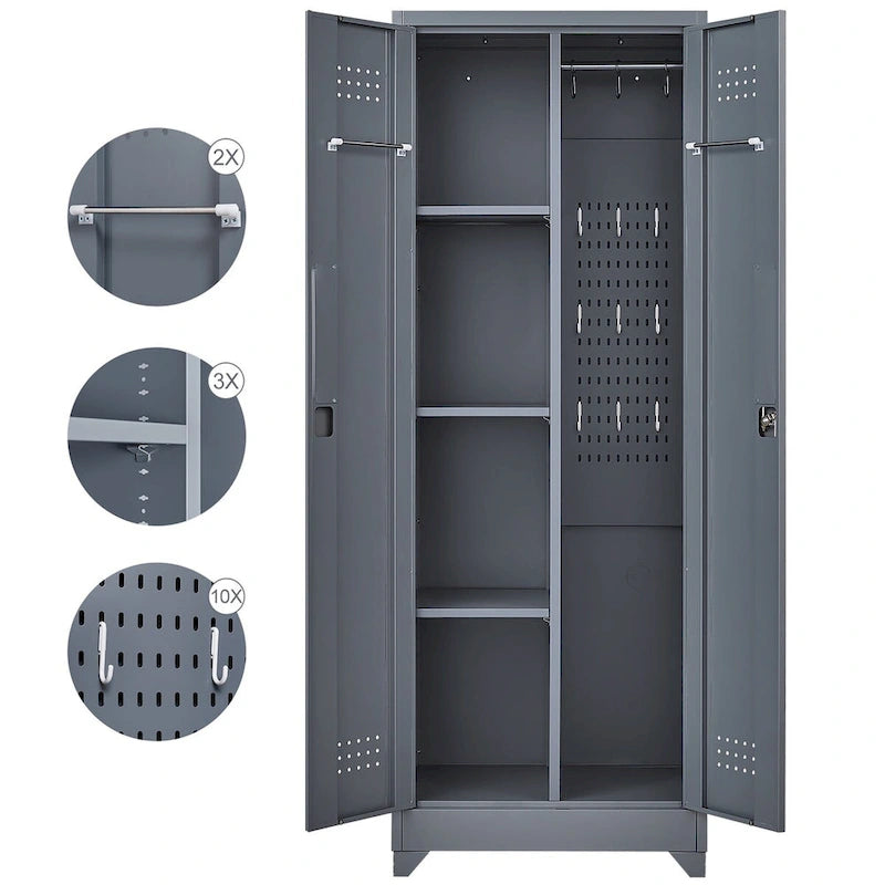 Armoires de rangement métalliques, Armoire à outils de nettoyage avec porte verrouillable, Organiseur et rangement d'outils à balai hauts, Grande armoire de rangement