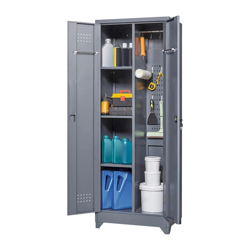 Armoires de rangement métalliques, Armoire à outils de nettoyage avec porte verrouillable, Organiseur et rangement d'outils à balai hauts, Grande armoire de rangement