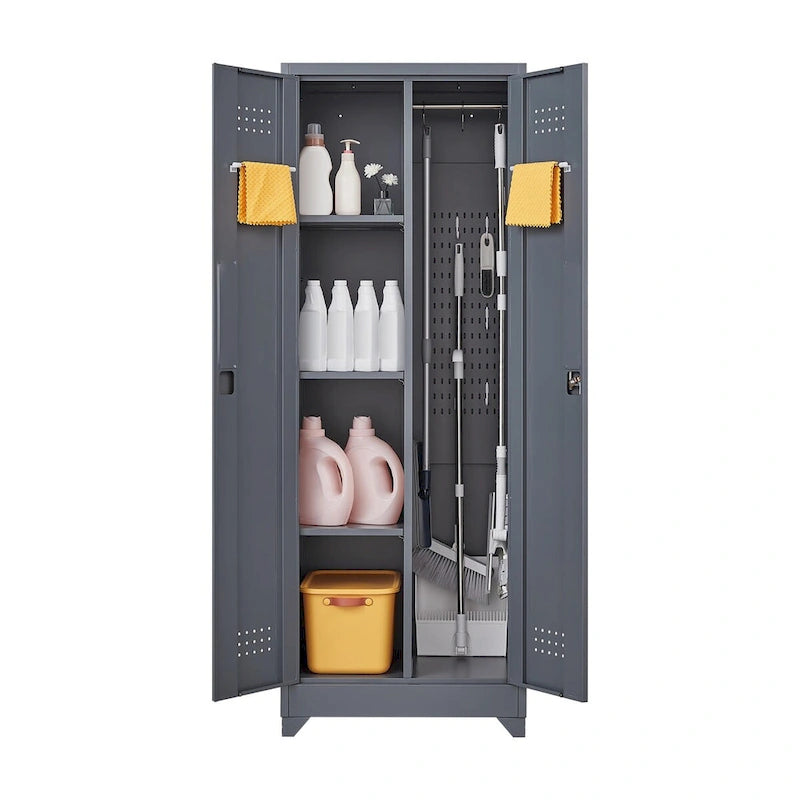 Armoires de rangement métalliques, Armoire à outils de nettoyage avec porte verrouillable, Organiseur et rangement d'outils à balai hauts, Grande armoire de rangement
