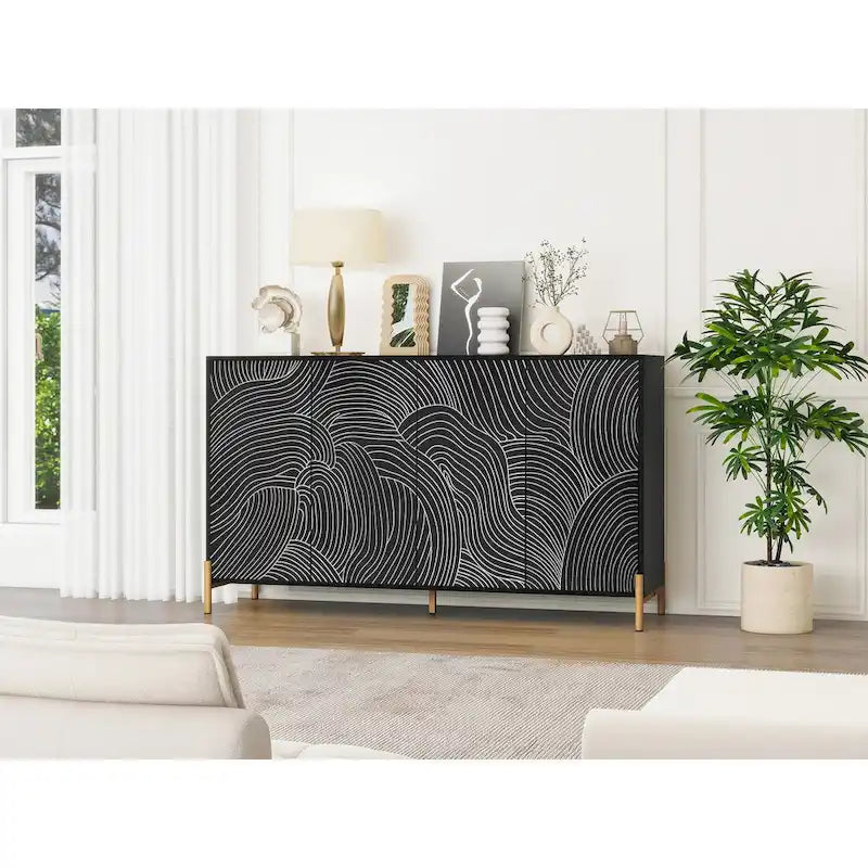 Buffet 4 portes sculpté, Bahut de rangement avec étagère réglable pour salon