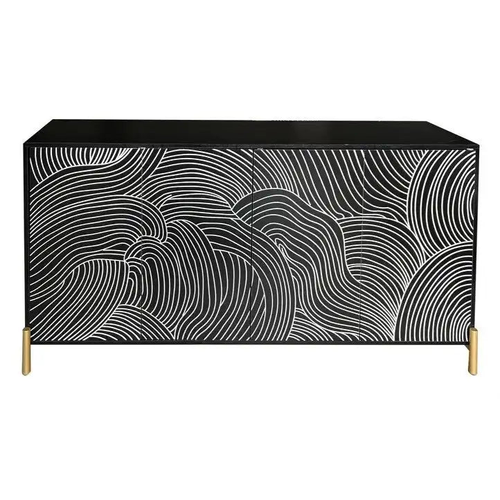 Buffet 4 portes sculpté, Bahut de rangement avec étagère réglable pour salon