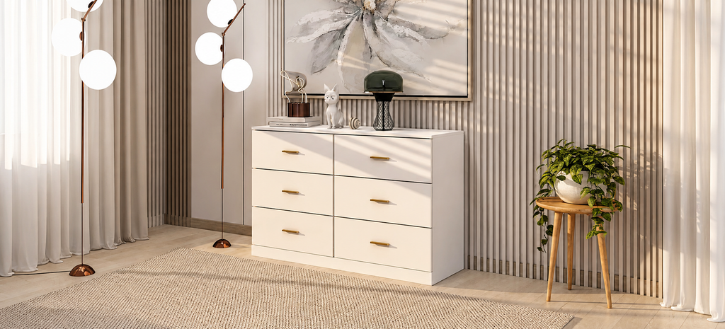 Commode moderne blanche à 6 tiroirs pour chambre - Grande capacité de rangement, robuste et sûre